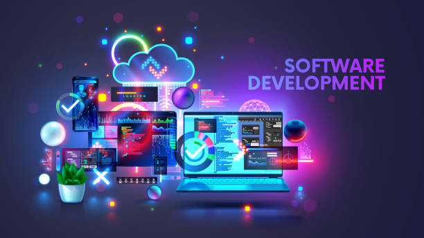 Software development coding process concept. Programming, testing cross platform code, app on laptop, tablet, phone. Coding, editing software desktop, mobile devices. Technology software of business.